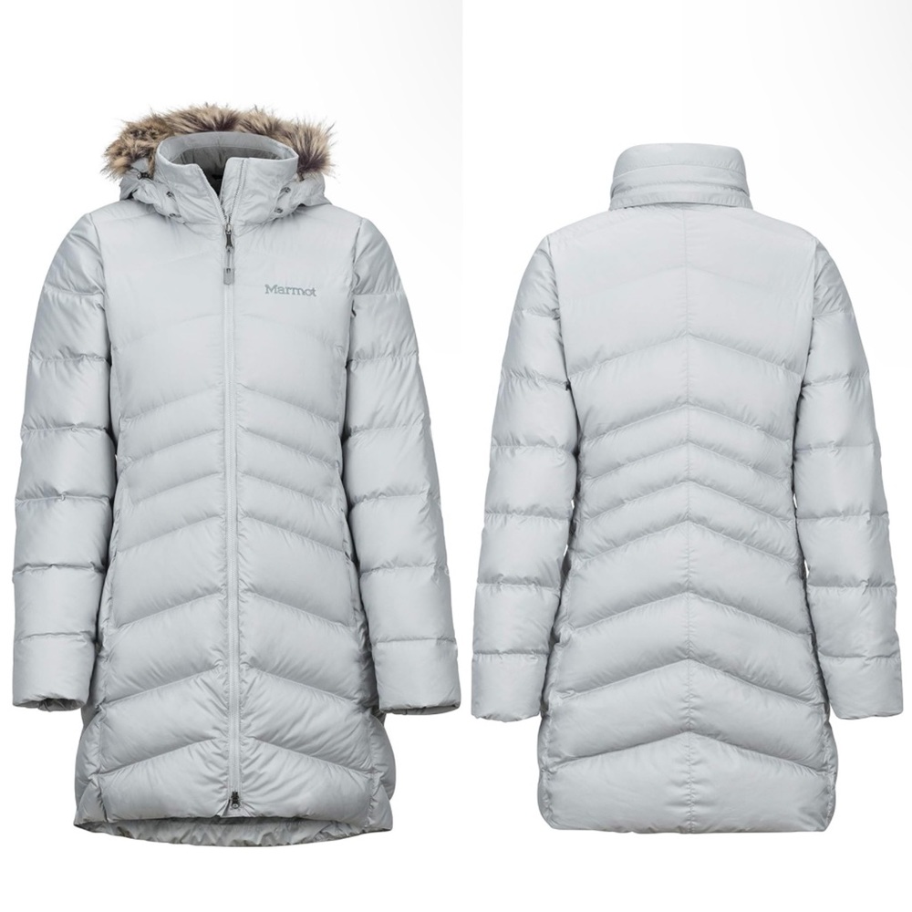 NWT Marmot Women’s Montreal 700 Fill Down Fur Lined Long Parka Bright Steel - XS